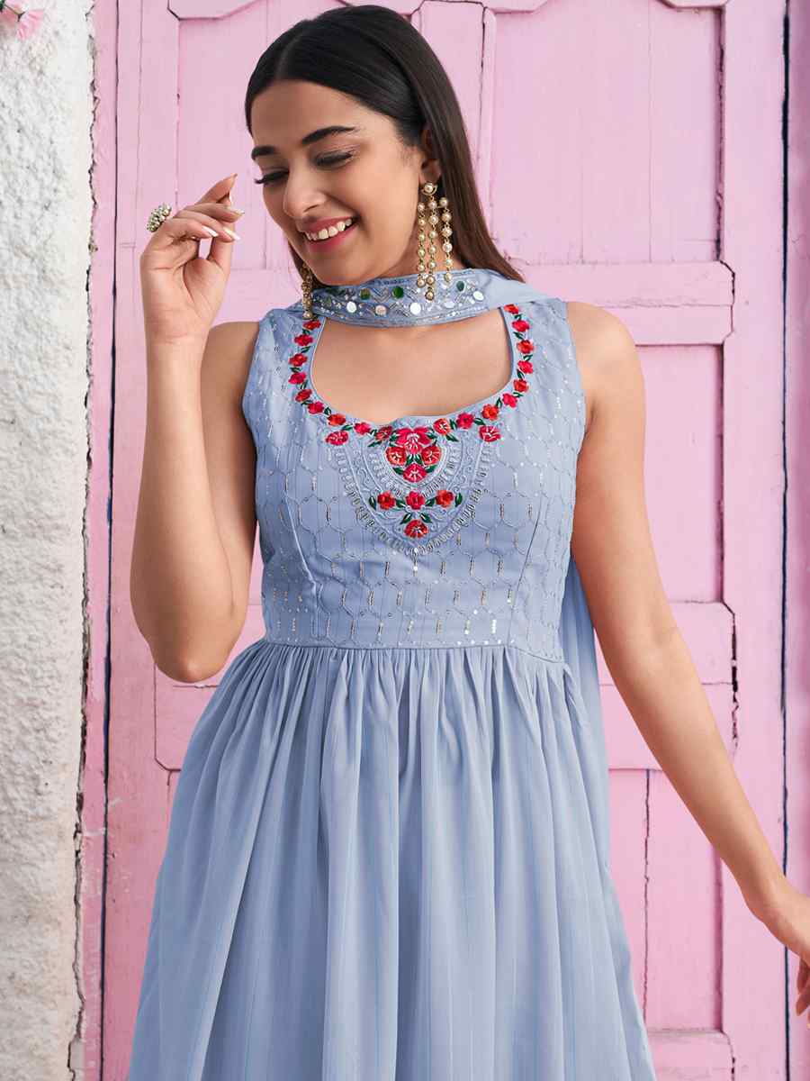 Sky Georgette Embroidered Festival Party Ready Anarkali Salwar Kameez