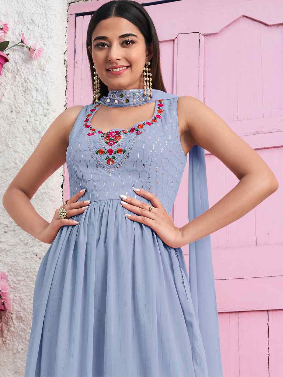 Sky Georgette Embroidered Festival Party Ready Anarkali Salwar Kameez