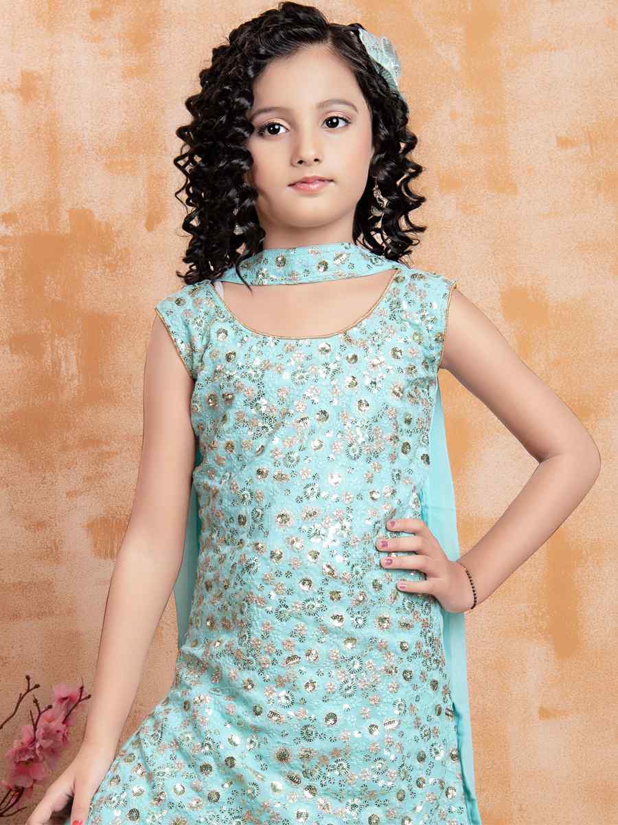 Sky Georgette Embroidered Festival Wedding Kurta Sharara Girls Wear