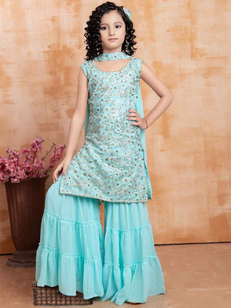 Sky Georgette Embroidered Festival Wedding Kurta Sharara Girls Wear