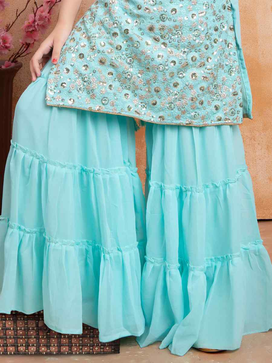Sky Georgette Embroidered Festival Wedding Kurta Sharara Girls Wear