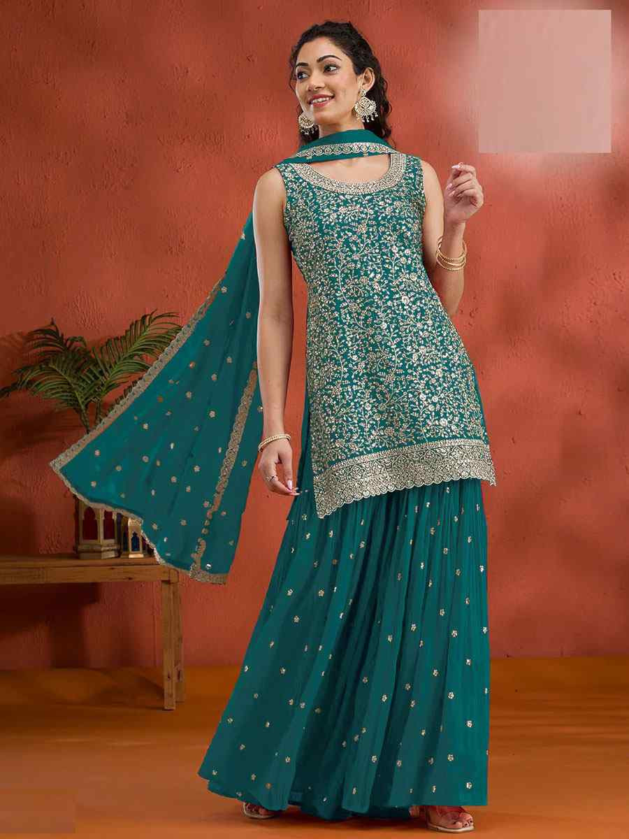 Sky Georgette Embroidered Festival Wedding Palazzo Pant Salwar Kameez