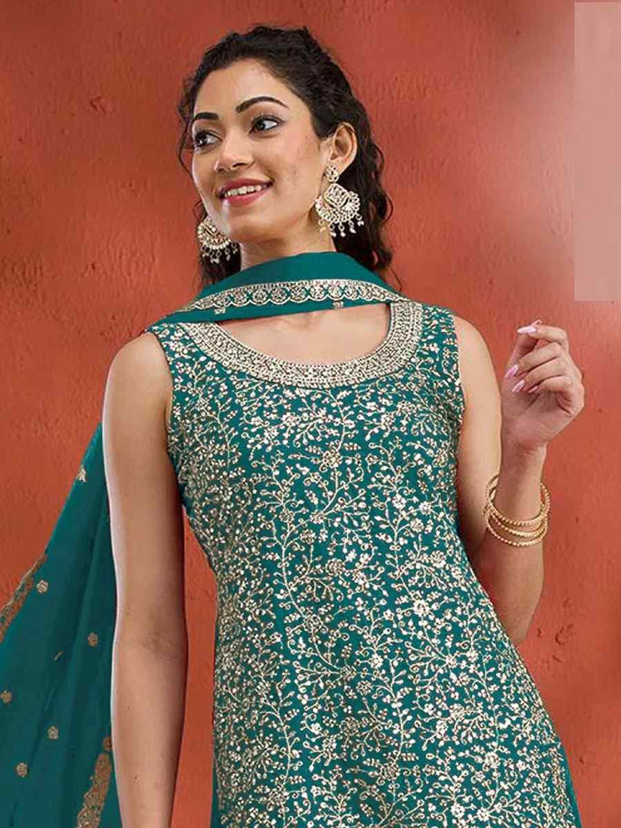 Sky Georgette Embroidered Festival Wedding Palazzo Pant Salwar Kameez