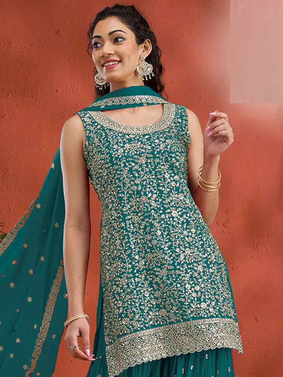 Sky Georgette Embroidered Festival Wedding Palazzo Pant Salwar Kameez