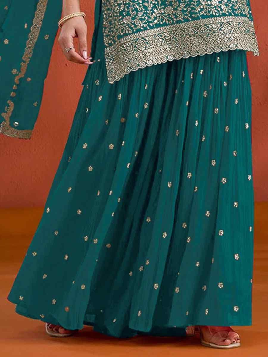 Sky Georgette Embroidered Festival Wedding Palazzo Pant Salwar Kameez
