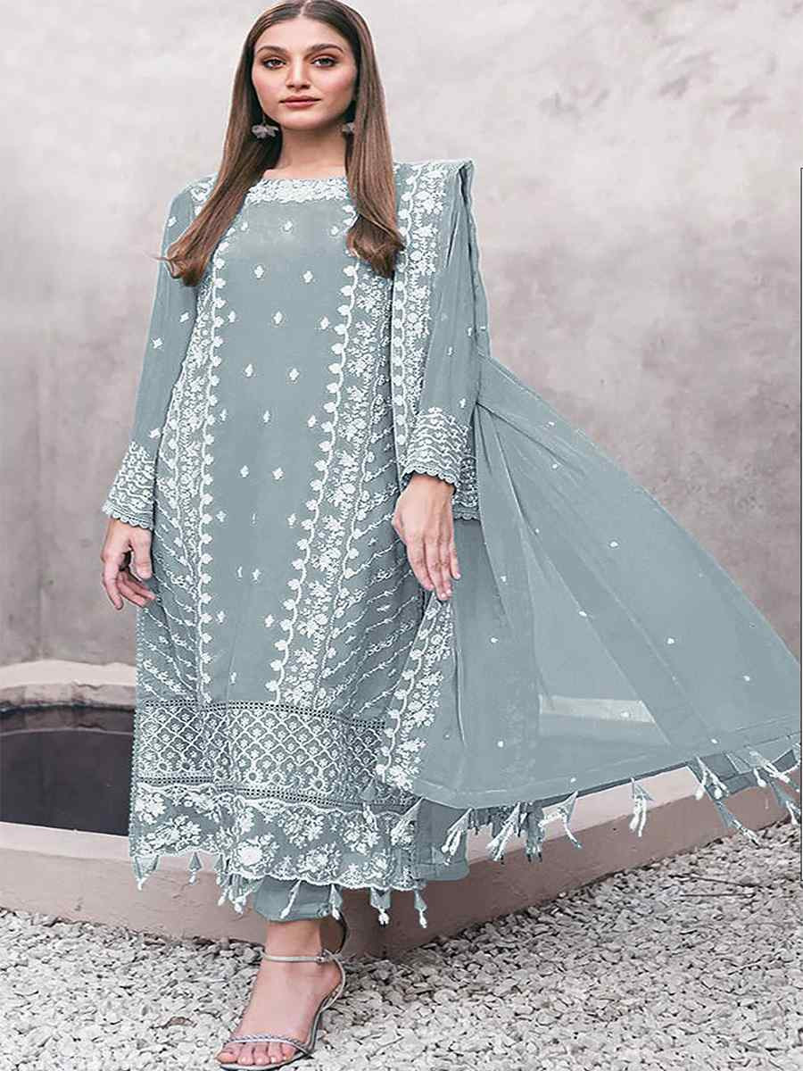 Sky Georgette Embroidered Festival Wedding Pant Salwar Kameez