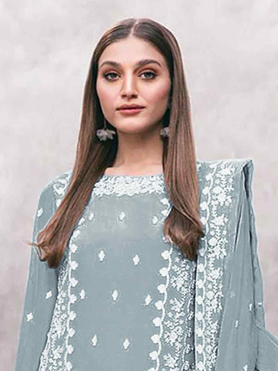 Sky Georgette Embroidered Festival Wedding Pant Salwar Kameez