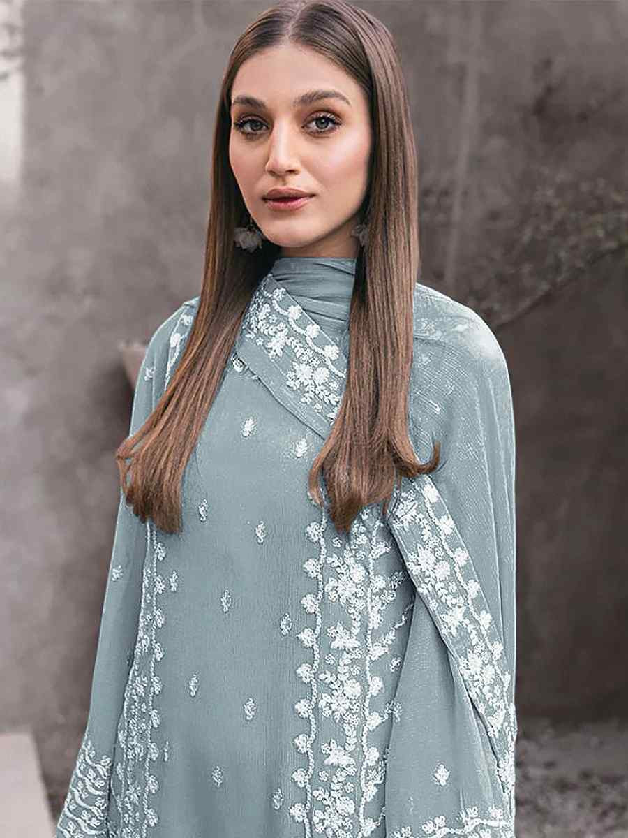 Sky Georgette Embroidered Festival Wedding Pant Salwar Kameez