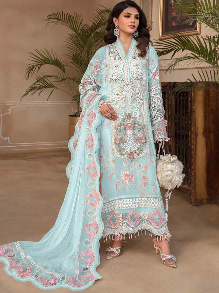 Sky Georgette Embroidered Festival Wedding Pant Salwar Kameez