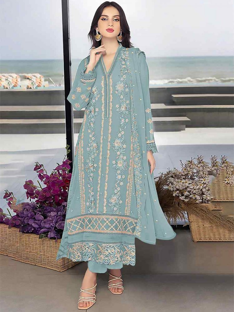 Sky Georgette Embroidered Festival Wedding Pant Salwar Kameez