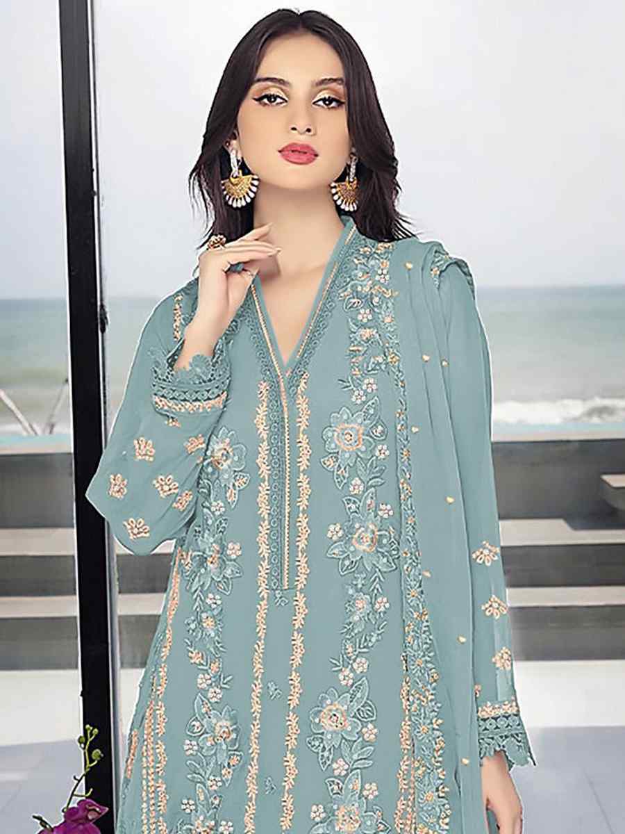 Sky Georgette Embroidered Festival Wedding Pant Salwar Kameez