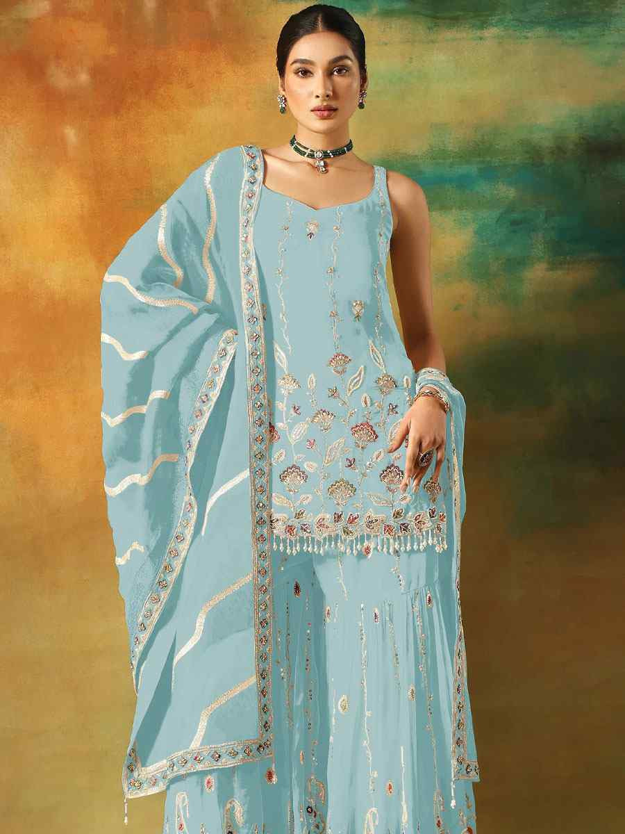 Sky Georgette Embroidered Festival Wedding Sharara Pant Salwar Kameez