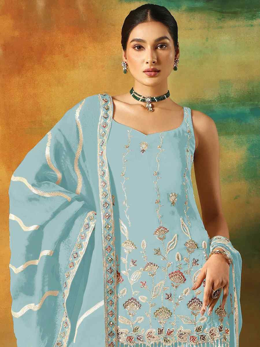Sky Georgette Embroidered Festival Wedding Sharara Pant Salwar Kameez