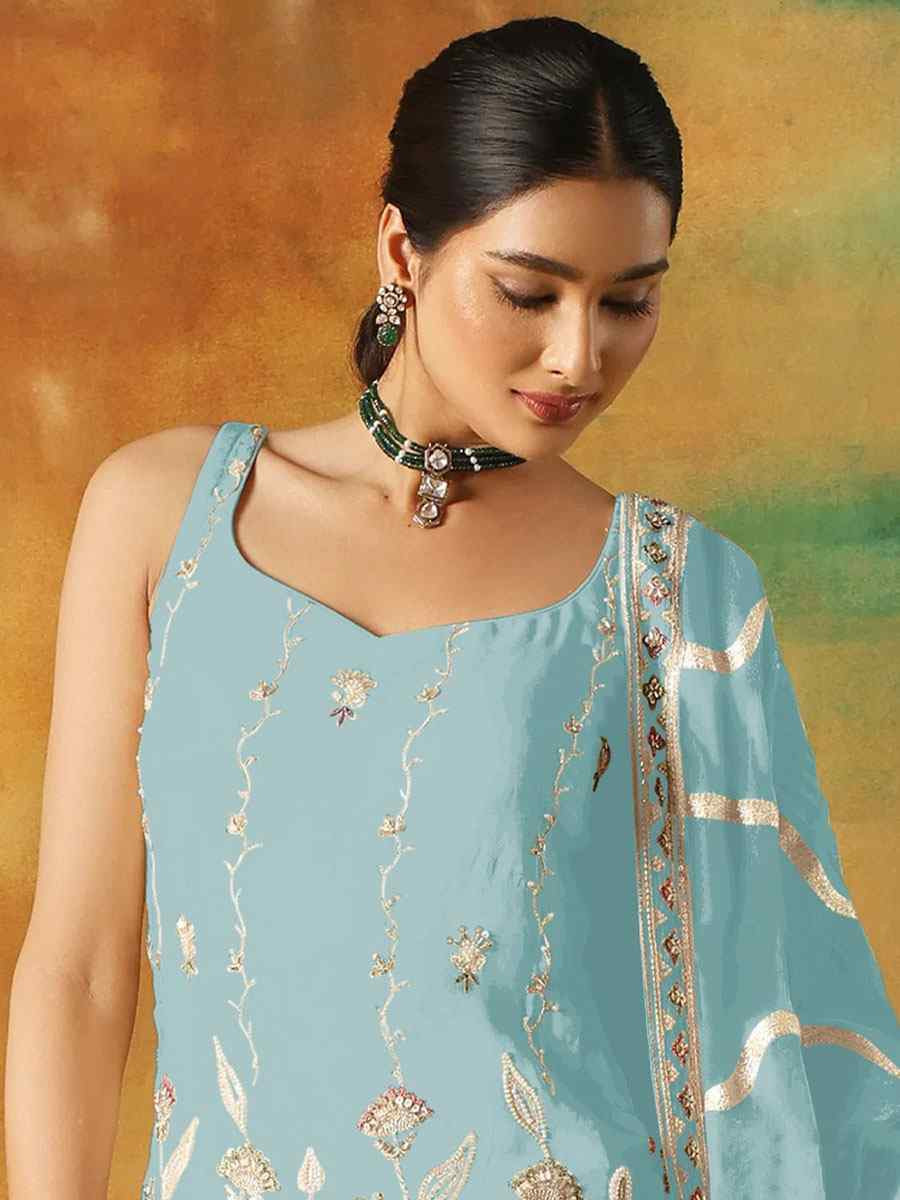 Sky Georgette Embroidered Festival Wedding Sharara Pant Salwar Kameez