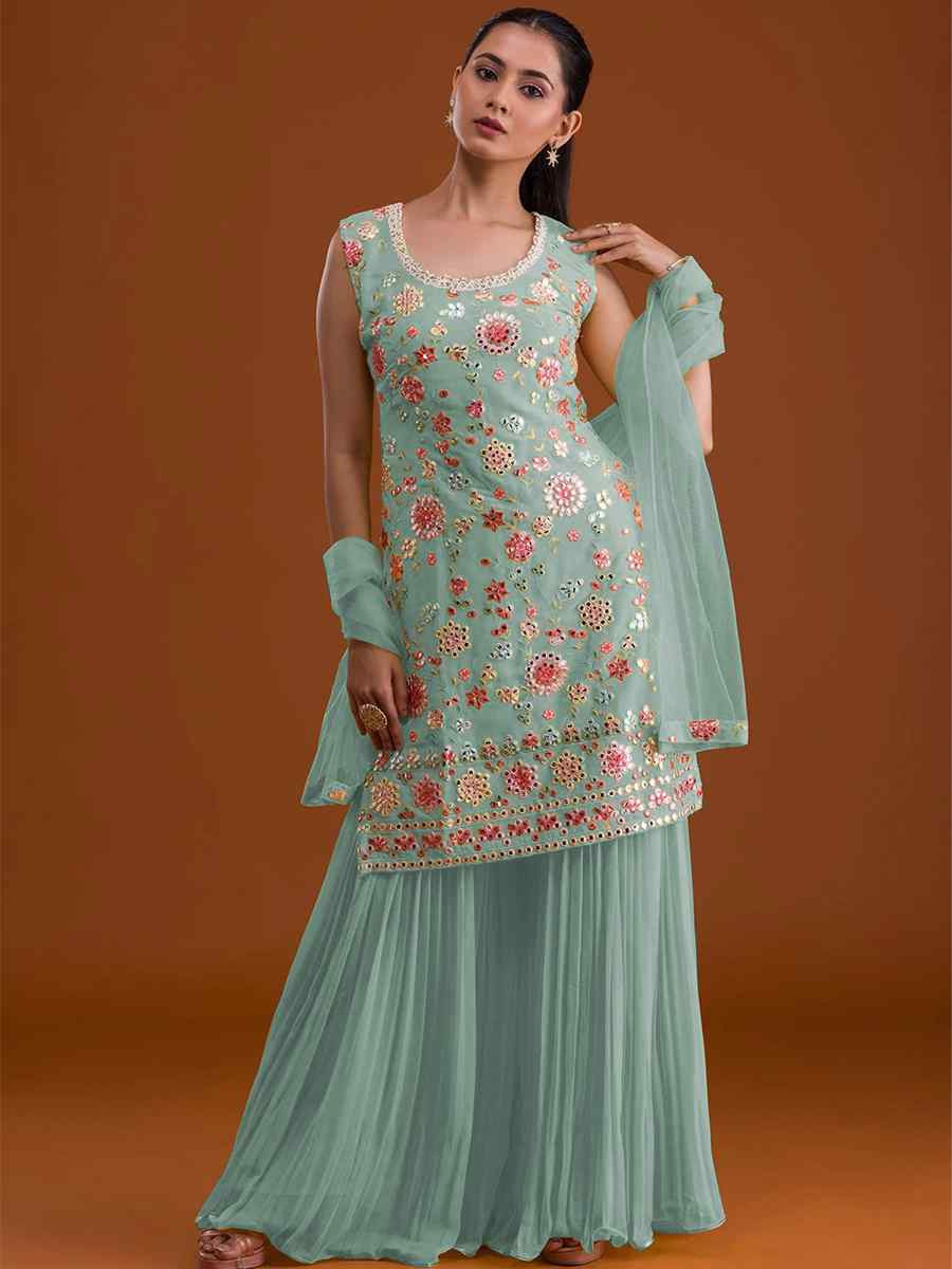 Sky Georgette Embroidered Festival Wedding Sharara Pant Salwar Kameez