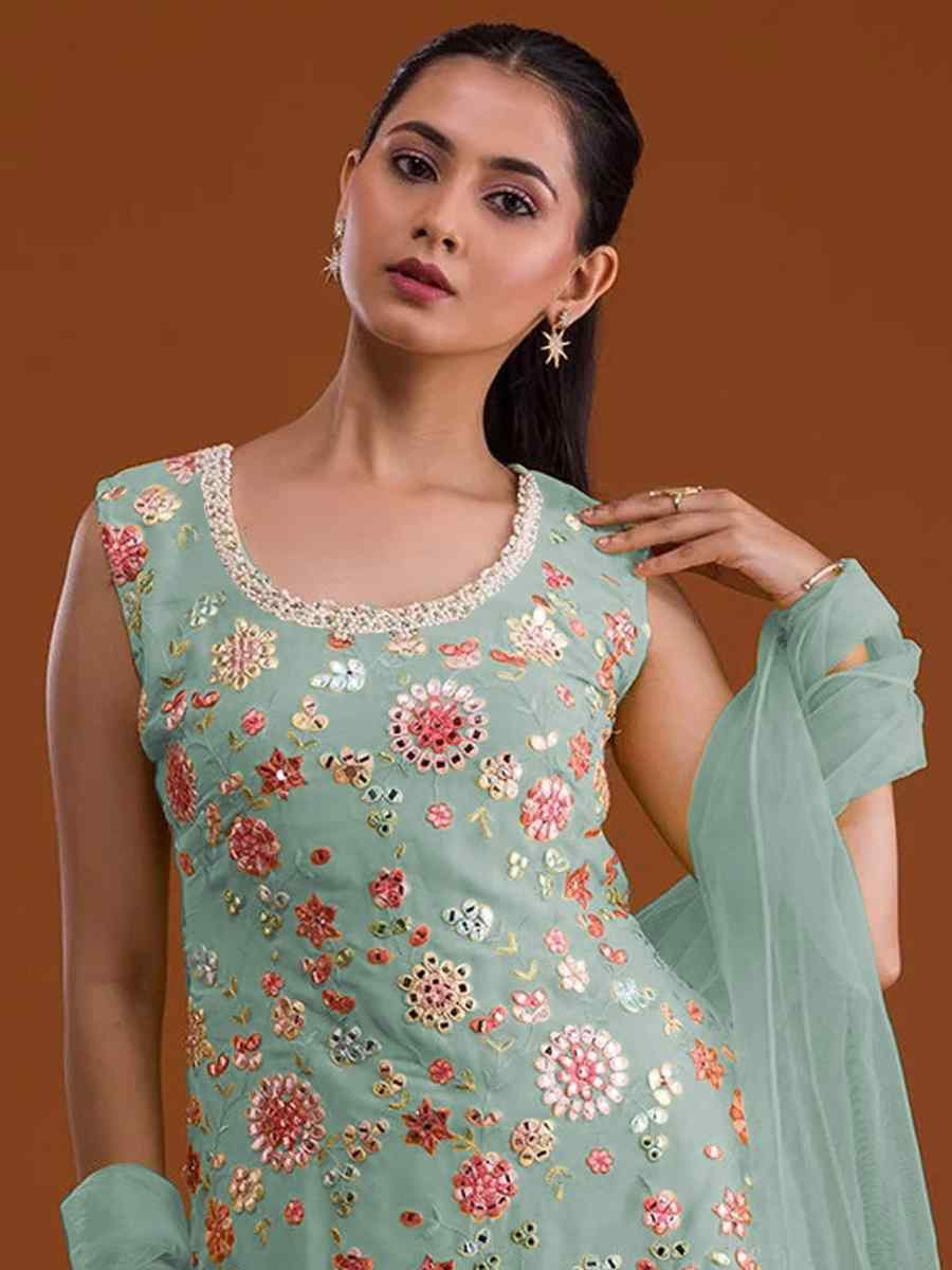 Sky Georgette Embroidered Festival Wedding Sharara Pant Salwar Kameez