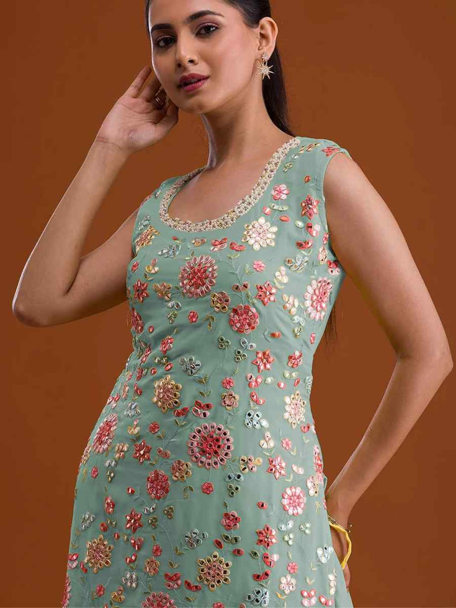 Sky Georgette Embroidered Festival Wedding Sharara Pant Salwar Kameez