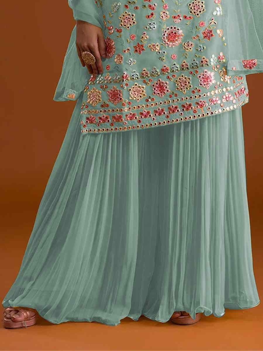 Sky Georgette Embroidered Festival Wedding Sharara Pant Salwar Kameez