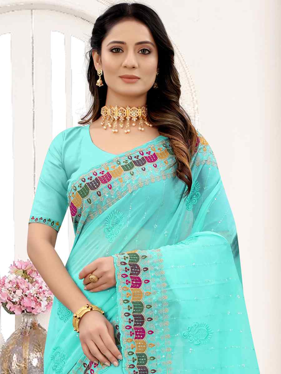 Sky Georgette Embroidered Party Festival Heavy Border Saree