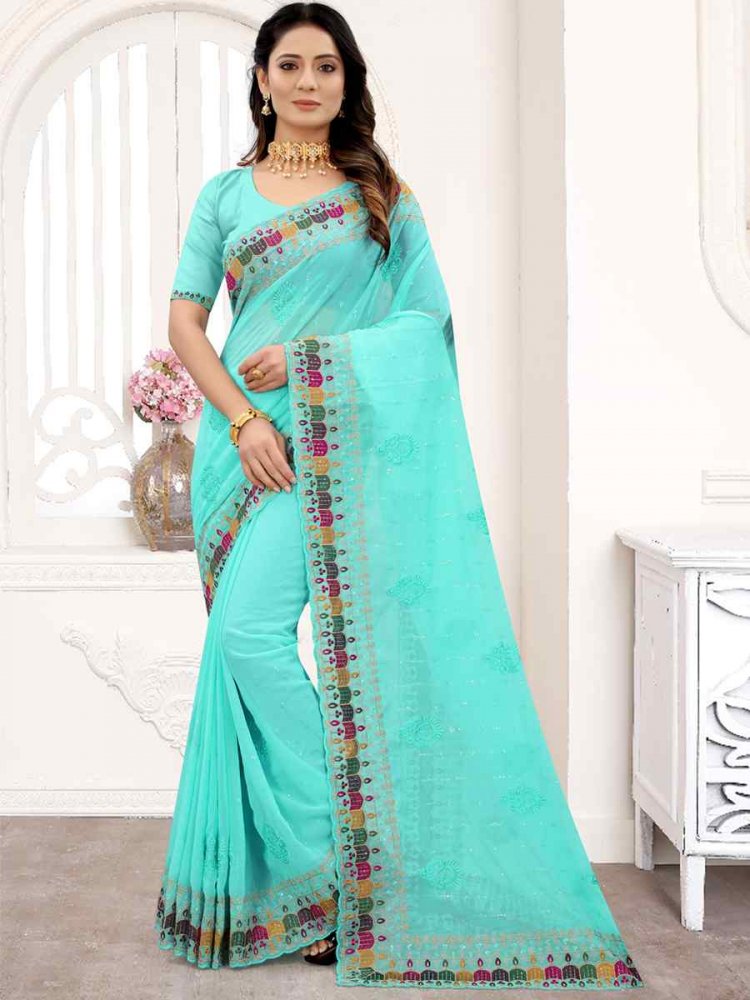 Sky Georgette Embroidered Party Festival Heavy Border Saree