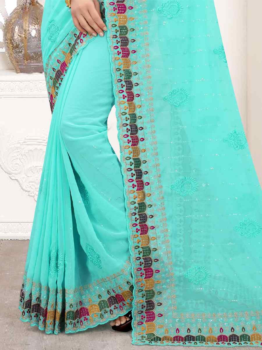 Sky Georgette Embroidered Party Festival Heavy Border Saree