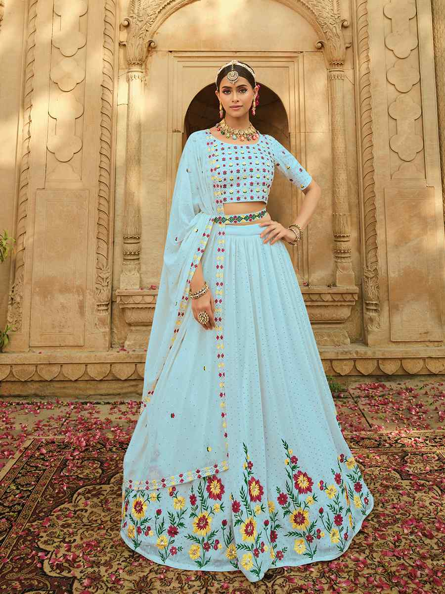 Sky Georgette Embroidered Wedding Festival Circular Lehenga Choli