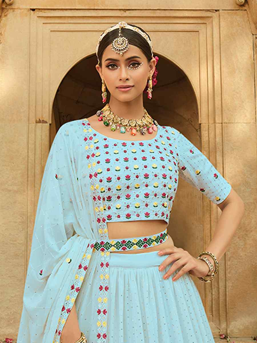 Sky Georgette Embroidered Wedding Festival Circular Lehenga Choli