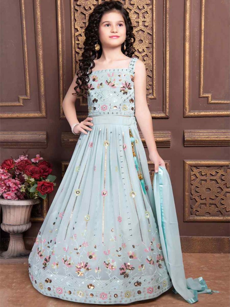 Sky Georgette Embroidered Wedding Festival Lehengas Girls Wear
