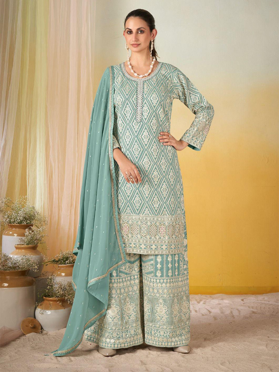 Sky Georgette Embroidery Zari Sequins Wedding Party Festival Casual Ready Palazzo Pant Salwar Kameez