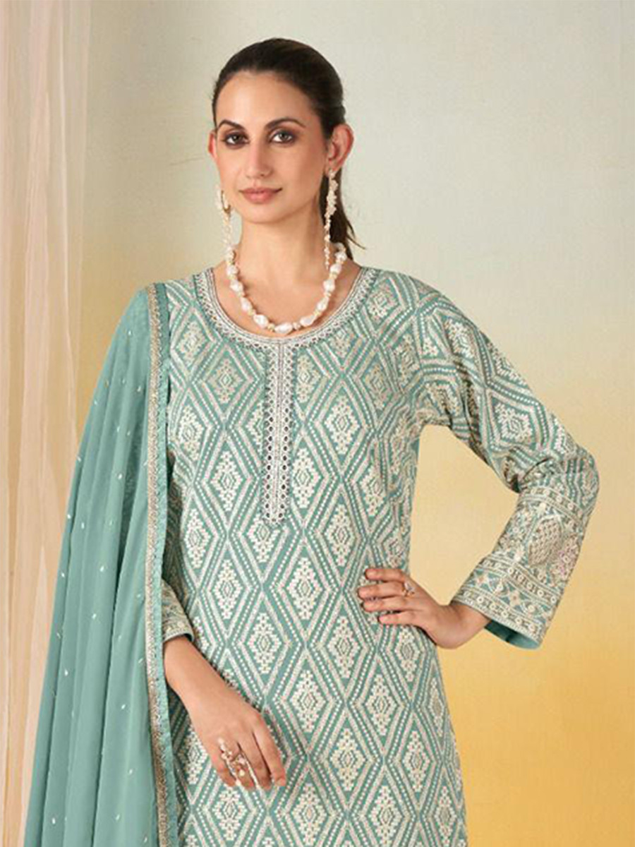 Sky Georgette Embroidery Zari Sequins Wedding Party Festival Casual Ready Palazzo Pant Salwar Kameez