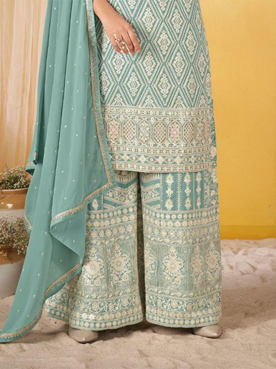 Sky Georgette Embroidery Zari Sequins Wedding Party Festival Casual Ready Palazzo Pant Salwar Kameez