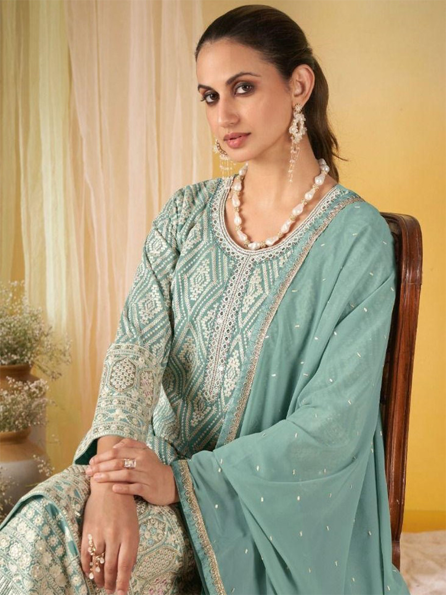 Sky Georgette Embroidery Zari Sequins Wedding Party Festival Casual Ready Palazzo Pant Salwar Kameez