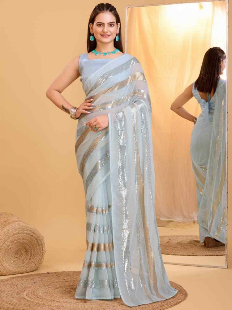 Sky Georgette Handwoven Casual Festival Classic Style Saree