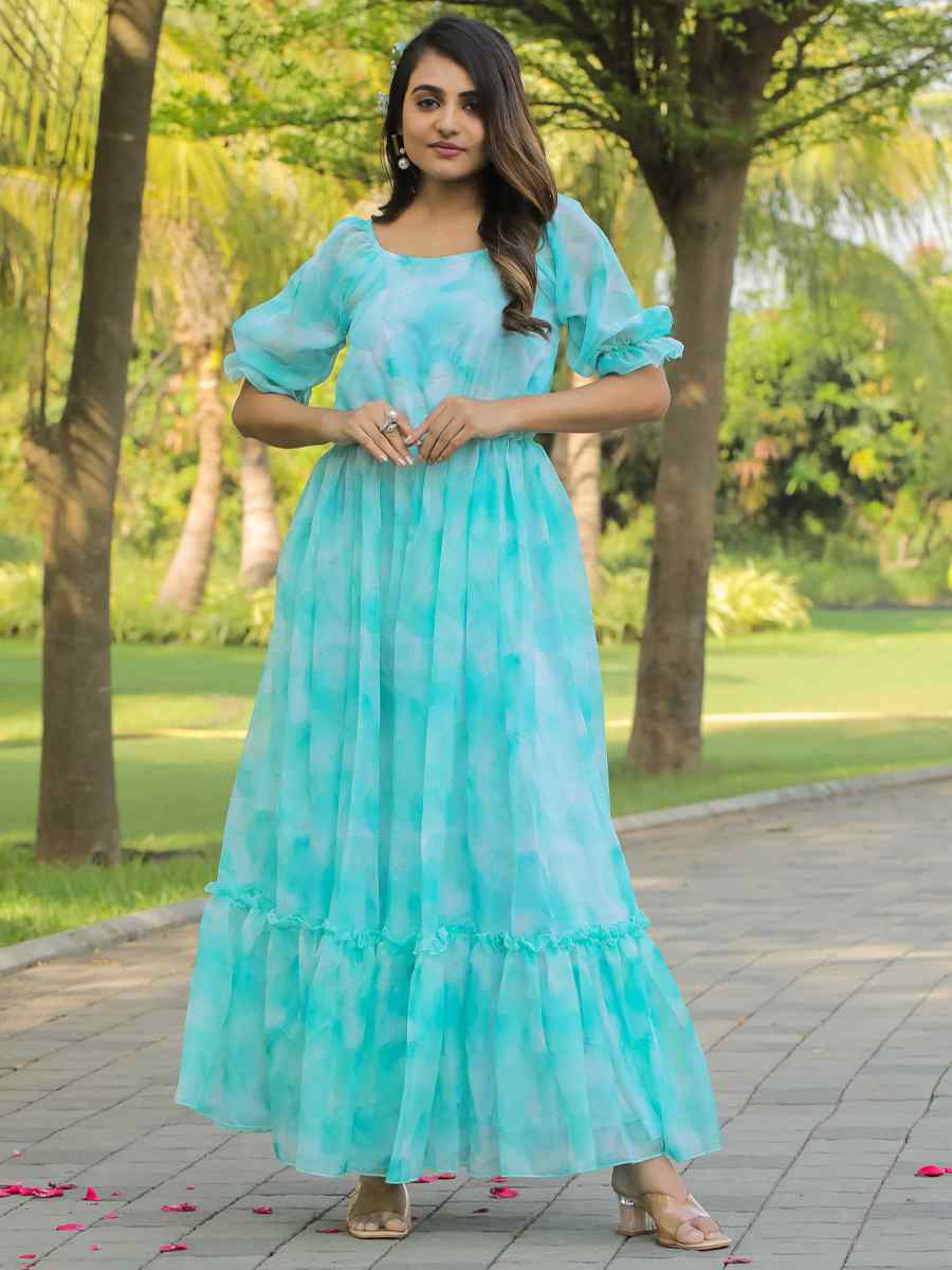 Sky Georgette Printed Festival Casual Gown