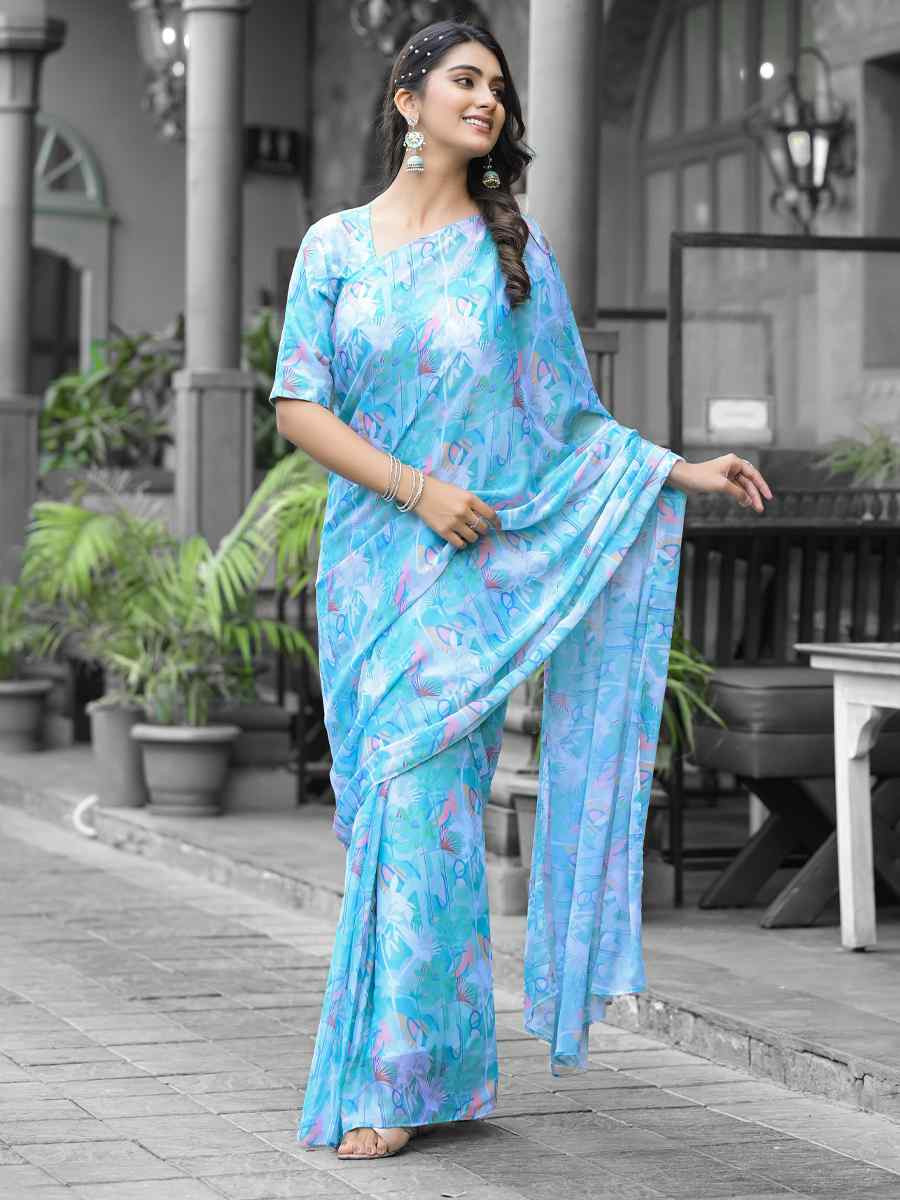 Sky Georgette Printed Festival Wedding Fancy Saree