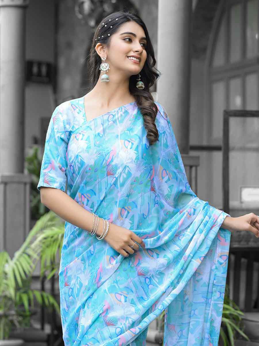 Sky Georgette Printed Festival Wedding Fancy Saree