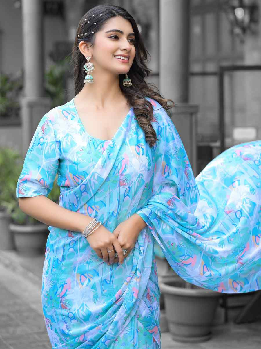 Sky Georgette Printed Festival Wedding Fancy Saree