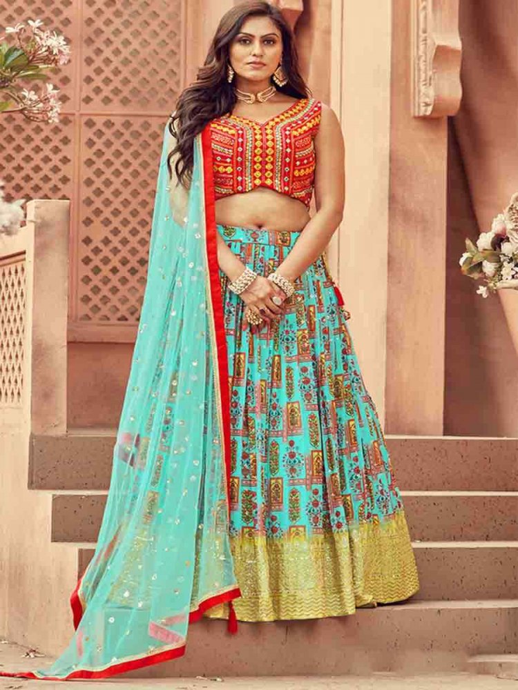 Sky Georgette Printed Mehendi Festival Traditional Lehenga Choli
