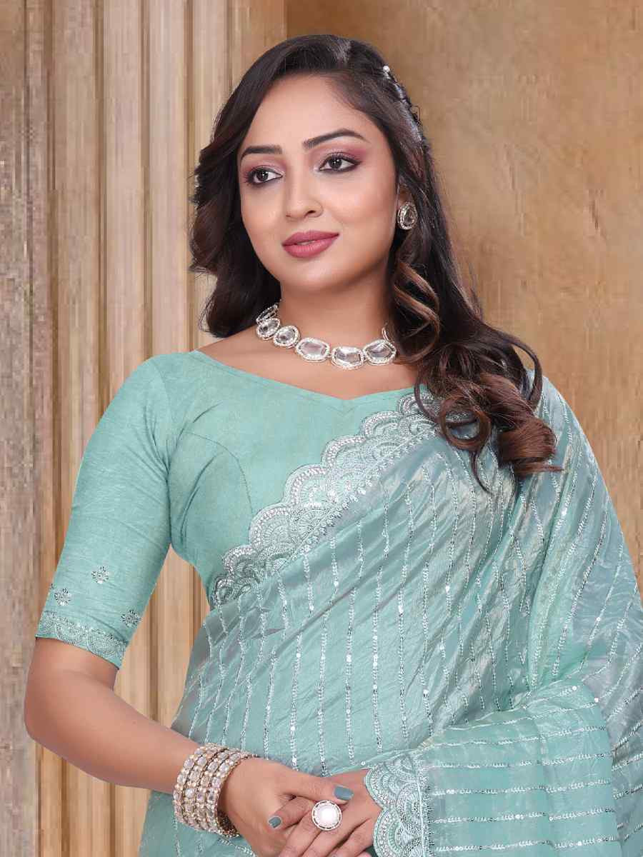 Sky Gold Cruch Silk Embroidered Festival Wedding Fancy Heavy Border Saree