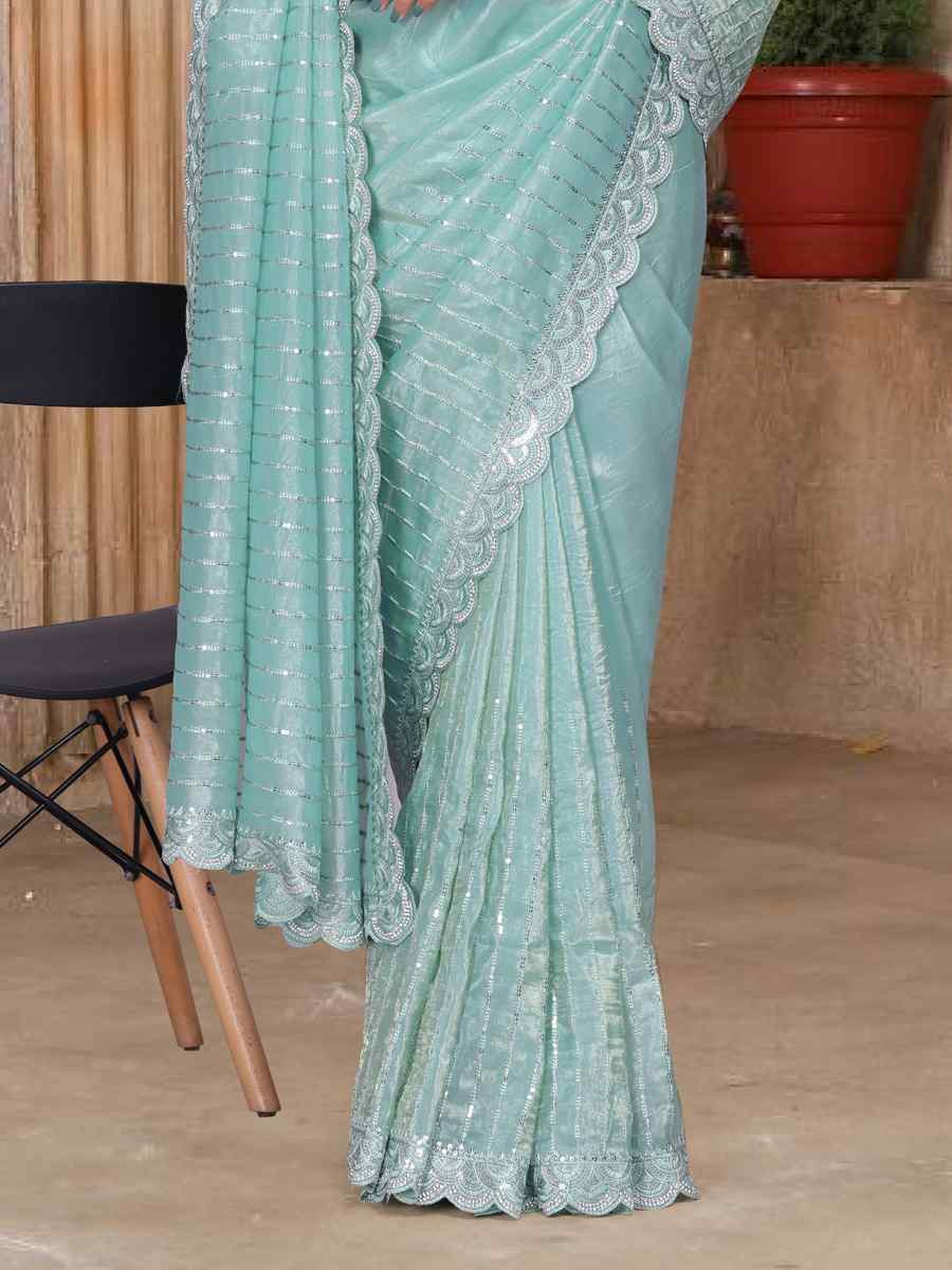 Sky Gold Cruch Silk Embroidered Festival Wedding Fancy Heavy Border Saree