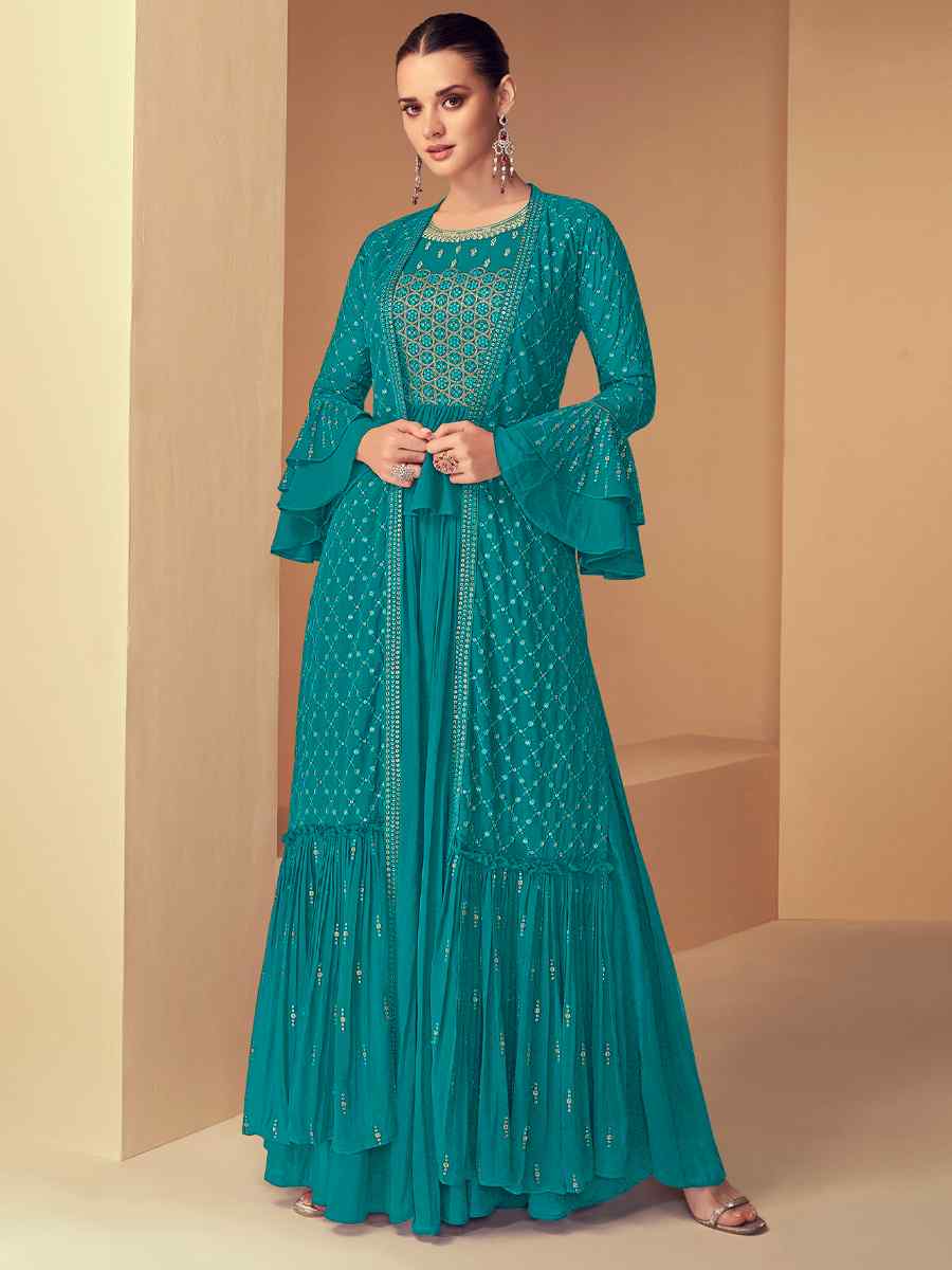 Sky Green Heavy Faux Georgette Embroidered Festival Wedding Anarkali Salwar Kameez