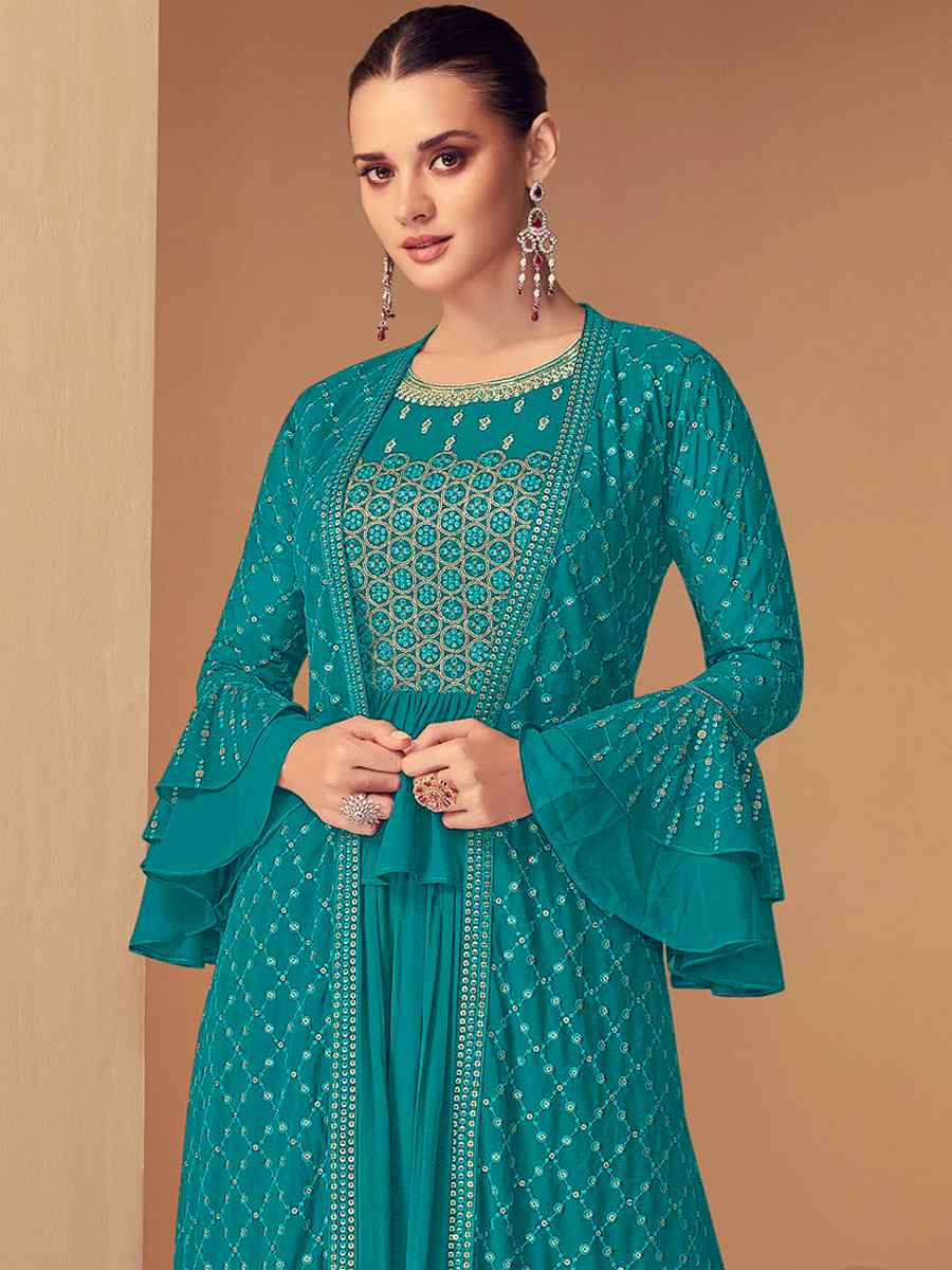 Sky Green Heavy Faux Georgette Embroidered Festival Wedding Anarkali Salwar Kameez