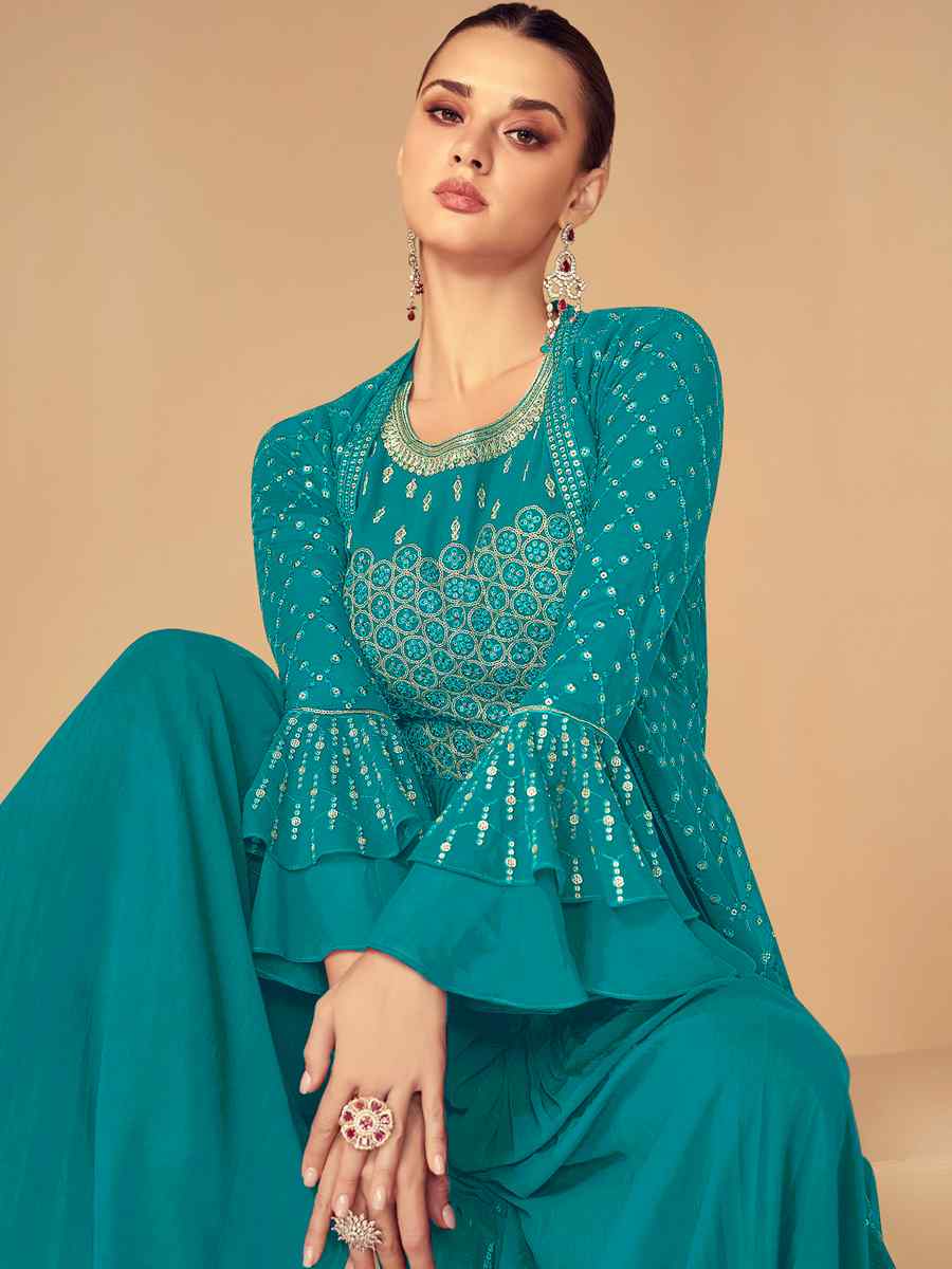Sky Green Heavy Faux Georgette Embroidered Festival Wedding Anarkali Salwar Kameez
