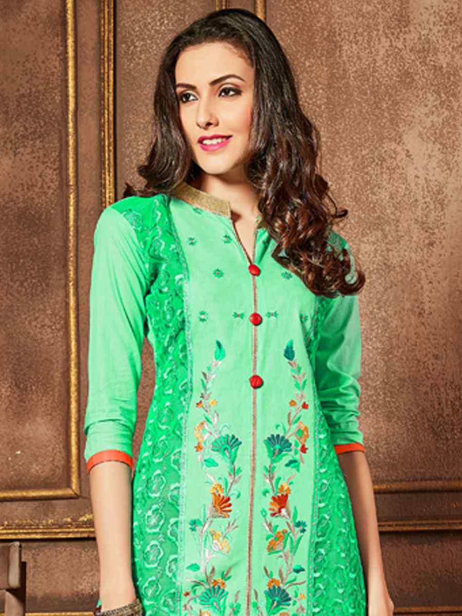 Sky Green Heavy Glass Cotton Embroidered Casual Festival Churidar Salwar Kameez