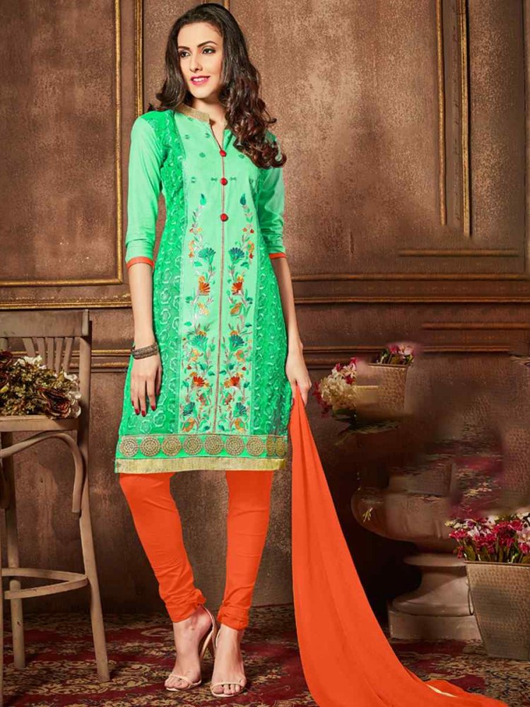 Sky Green Heavy Glass Cotton Embroidered Casual Festival Churidar Salwar Kameez