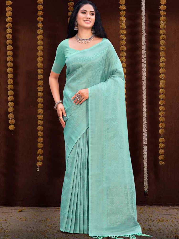 Sky Green Kanjivaram Silk Printed Wedding Festival Classic Style Saree
