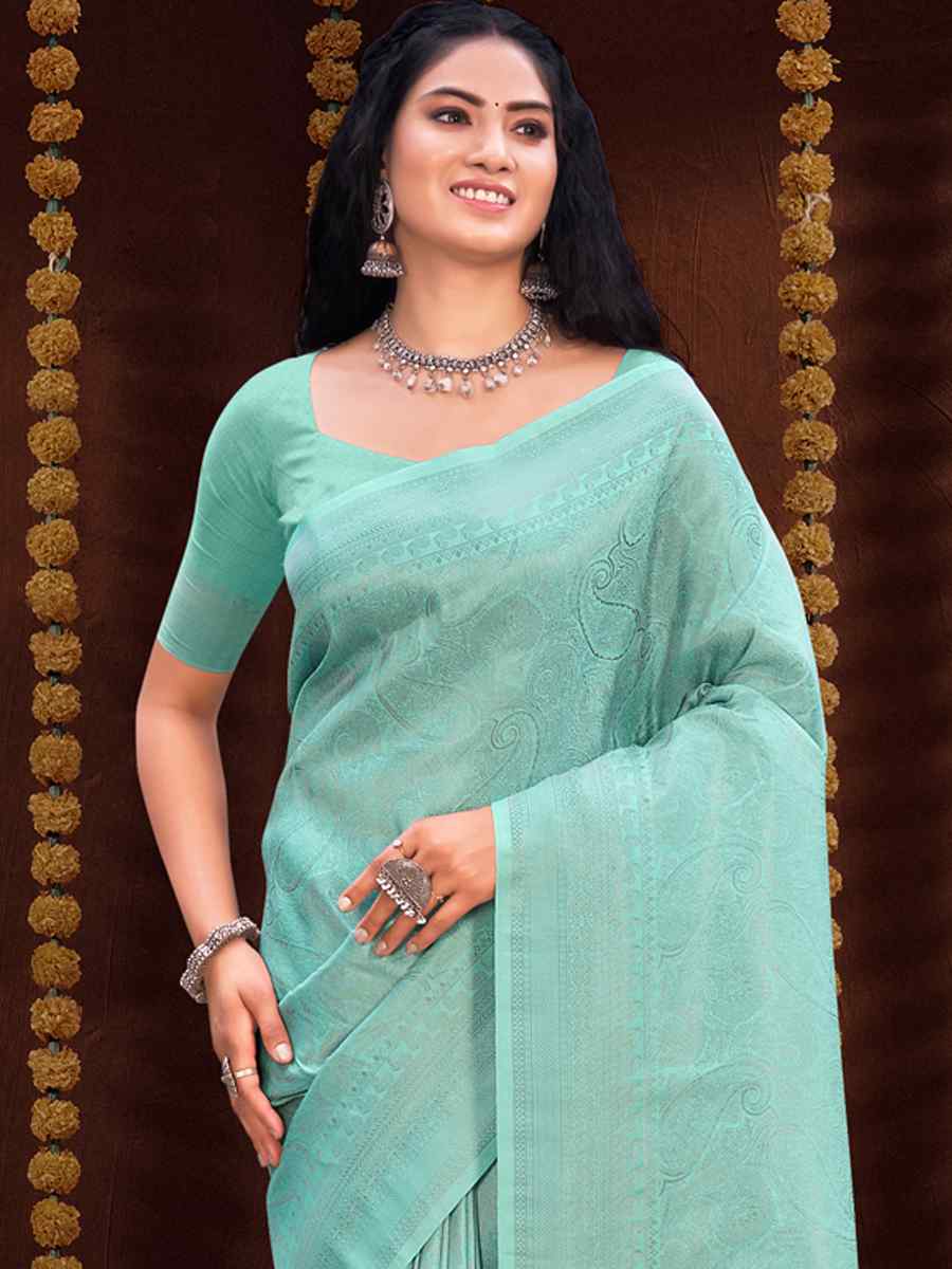 Sky Green Kanjivaram Silk Printed Wedding Festival Classic Style Saree