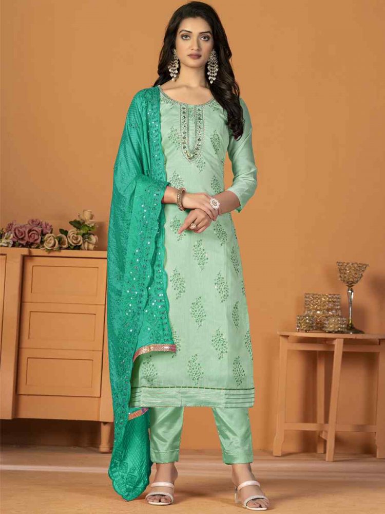 Sky Green Modal Silk Embroidered Casual Festival Pant Salwar Kameez