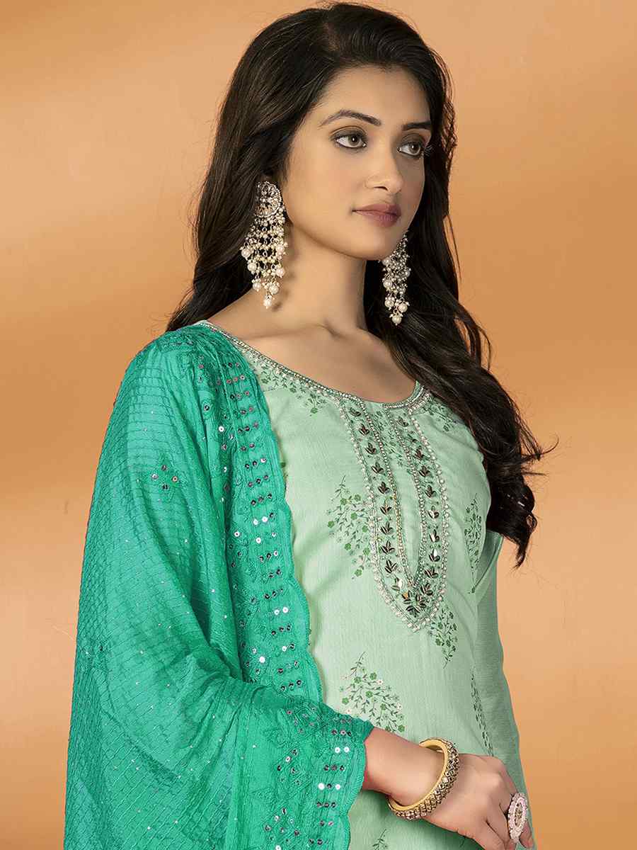 Sky Green Modal Silk Embroidered Casual Festival Pant Salwar Kameez
