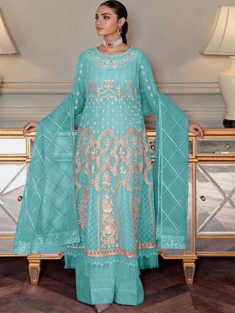 Sky Heavy Butterfly Net Embroidered Festival Party Palazzo Pant Salwar Kameez